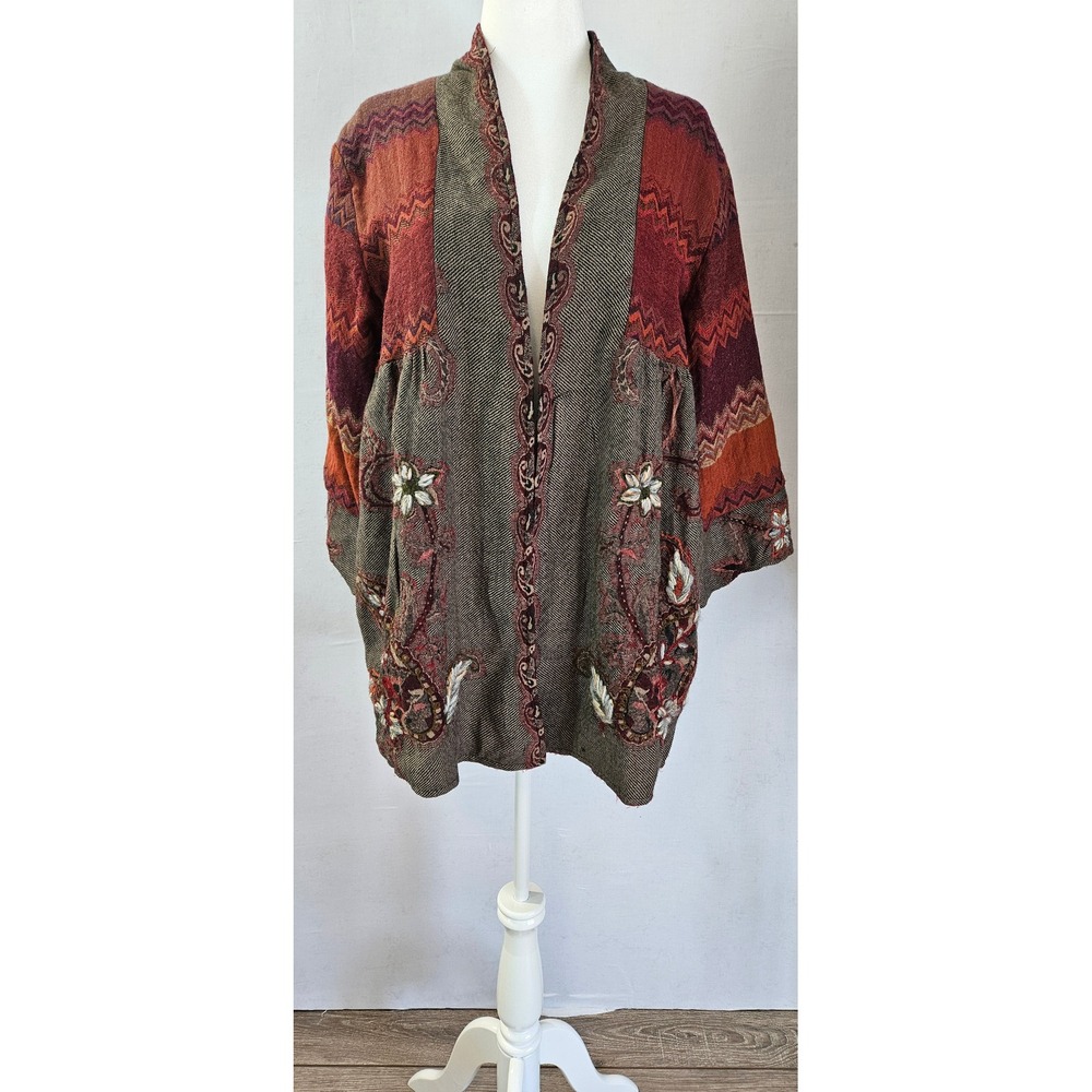 Soft Surroundings Wool Embroidered Boho Cardigan Jacket XL Grey Rust Chevron